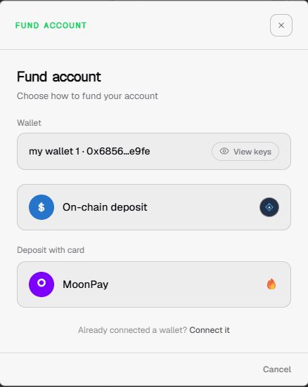 Fund account modal showing on-chain deposit and MoonPay card deposit options