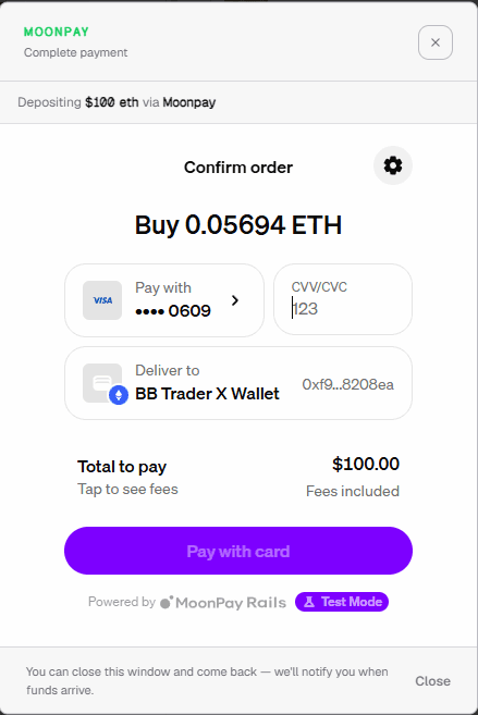 MoonPay confirm order screen with card payment and destination wallet
