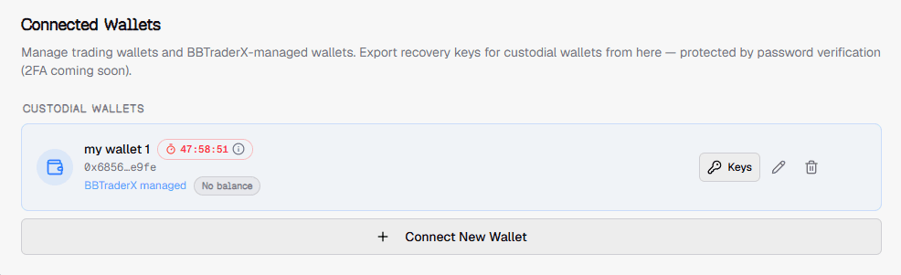 Settings account page showing custodial wallets with a Keys button