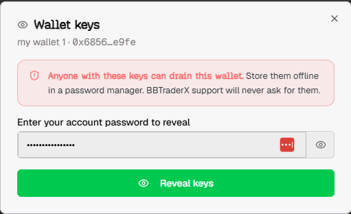 Wallet keys modal prompting for account password before revealing keys