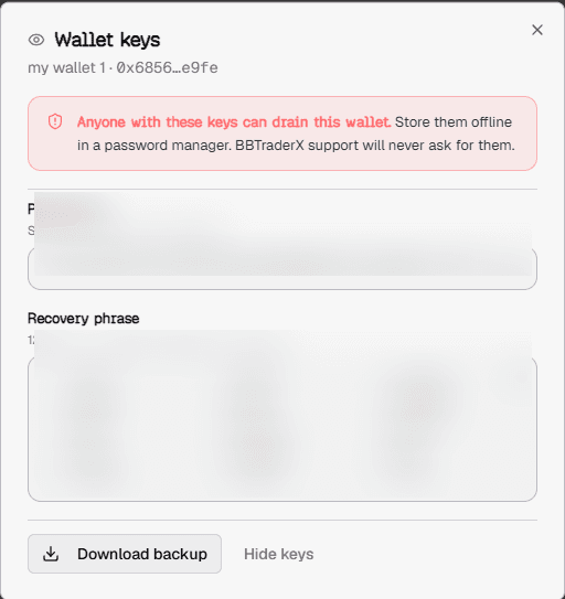 Wallet keys modal showing private key and recovery phrase fields with sensitive values blurred