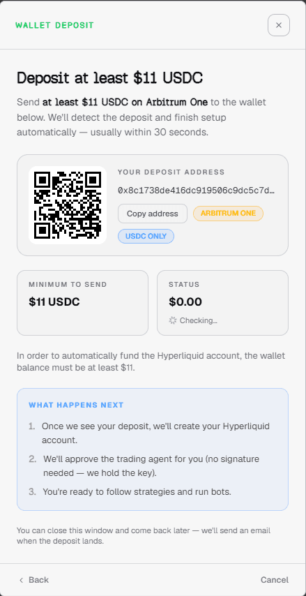 Wallet deposit screen showing Arbitrum One USDC deposit address, QR code, and balance status
